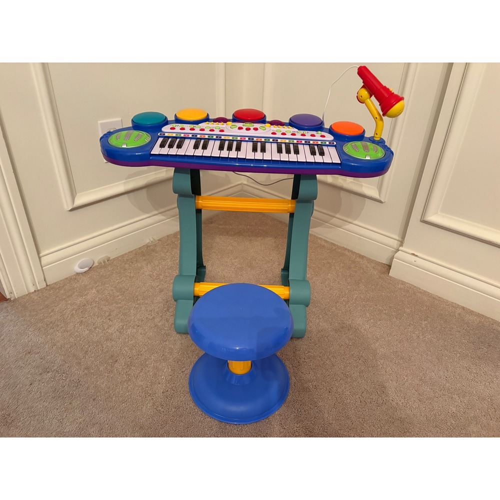 Kids Electronic Keyboard Drum Set with Microphone and Stool Blue Musical Toy